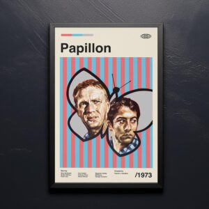 Papillon movie poster from 20th Century Studios, mid-century modern style