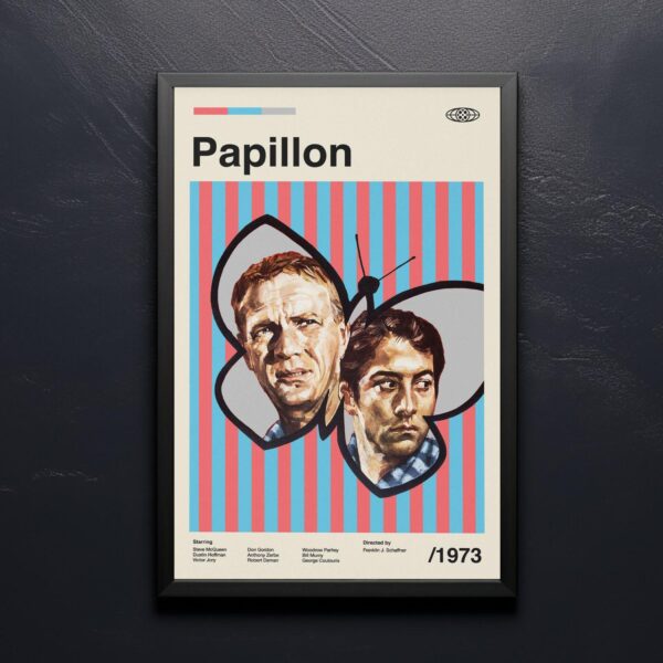 Papillon movie poster from 20th Century Studios, mid-century modern style