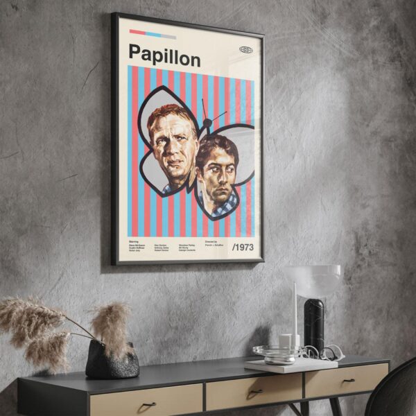 Papillon movie poster from 20th Century Studios, mid-century modern style