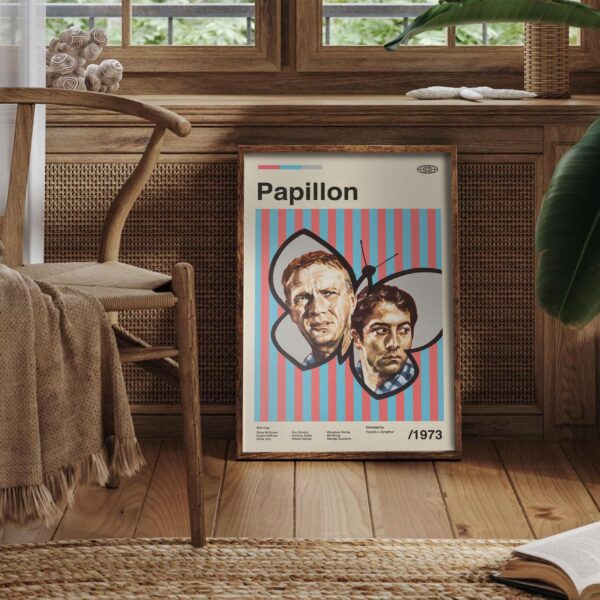 Papillon movie poster from 20th Century Studios, mid-century modern style