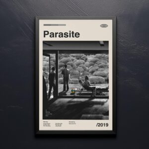 Mid-century modern graphic design poster inspired by Parasite movie