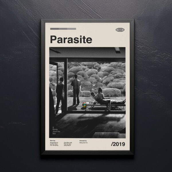 Mid-century modern graphic design poster inspired by Parasite movie