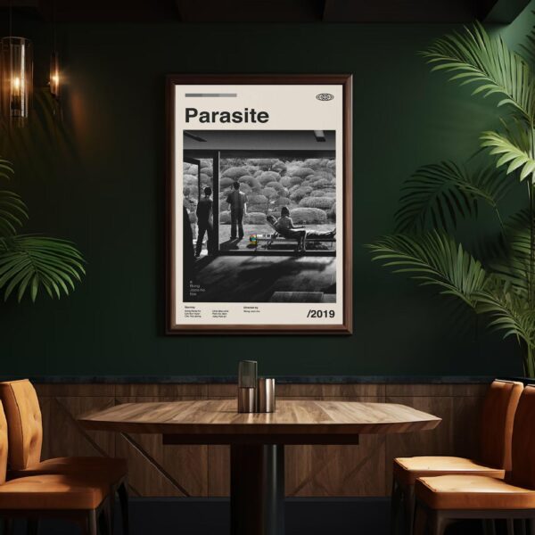 Mid-century modern graphic design poster inspired by Parasite movie