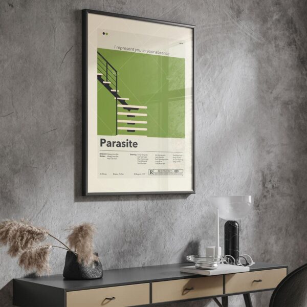 Mid-century modern graphic poster of the Parasite movie cover art