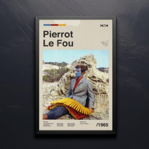 Mid-century modern Pierrot le Fou movie poster with vintage advertising style