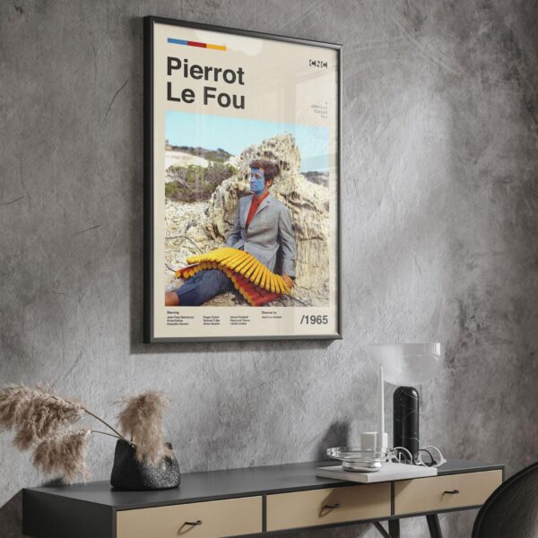 Mid-century modern Pierrot le Fou movie poster with vintage advertising style