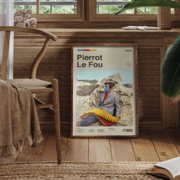 Mid-century modern Pierrot le Fou movie poster with vintage advertising style