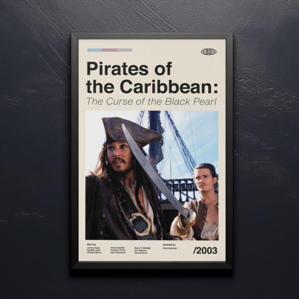 Large mid century modern poster of Pirates of the Caribbean movie