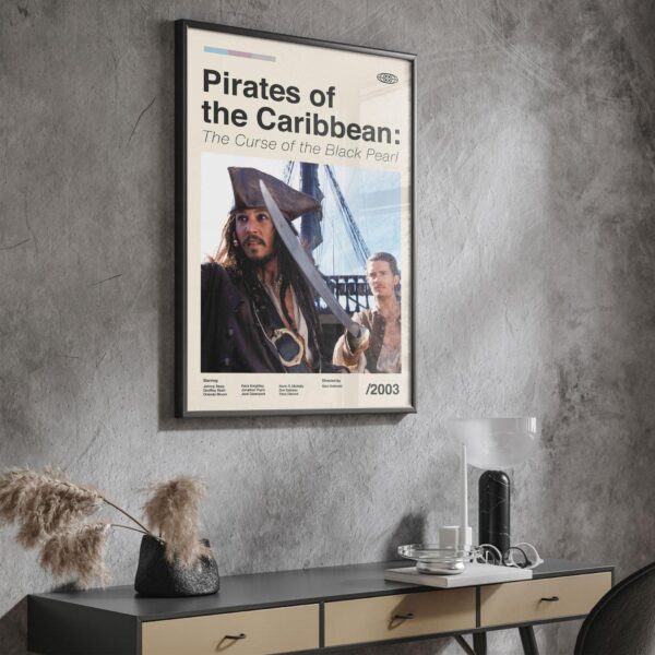Large mid century modern poster of Pirates of the Caribbean movie