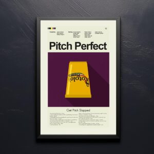 Mid-century modern style Pitch Perfect movie poster featuring house illustration