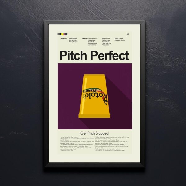 Mid-century modern style Pitch Perfect movie poster featuring house illustration