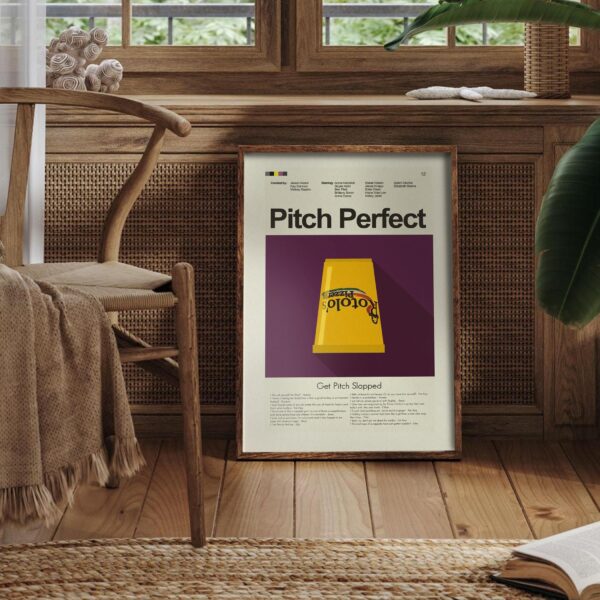 Mid-century modern style Pitch Perfect movie poster featuring house illustration