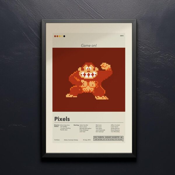 Mid-century modern Pixels movie poster featuring iconic house design