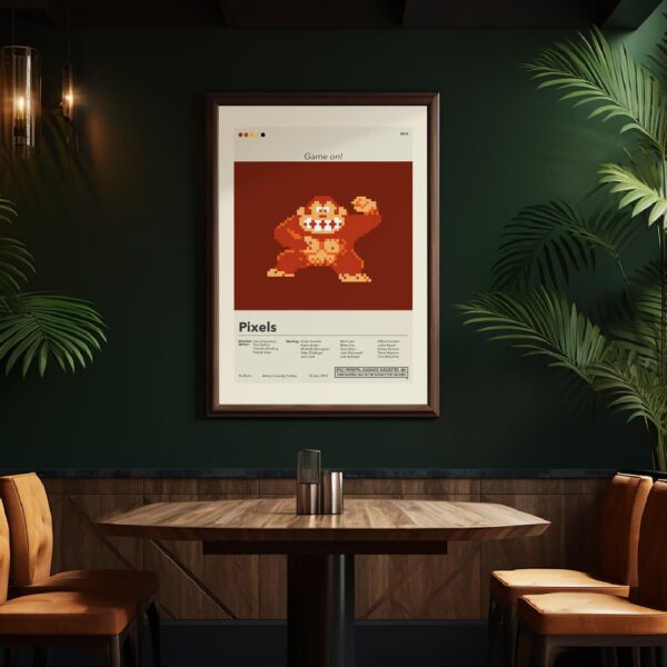 Mid-century modern Pixels movie poster featuring iconic house design