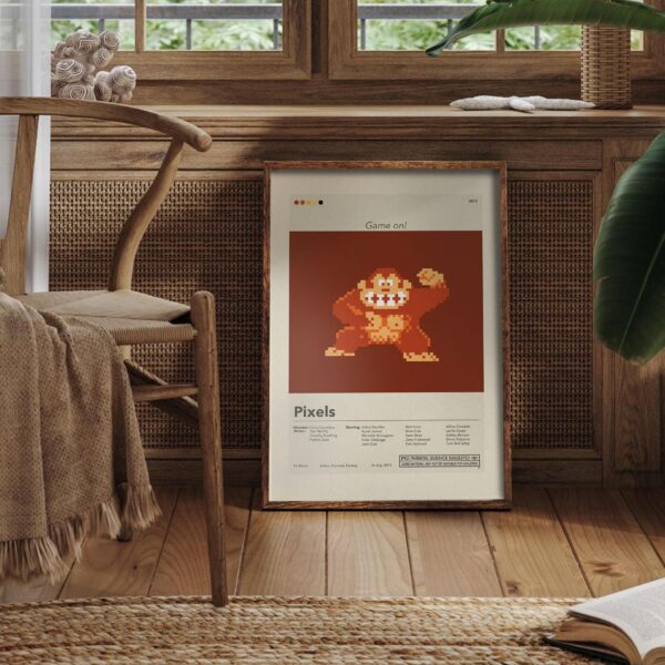 Mid-century modern Pixels movie poster featuring iconic house design