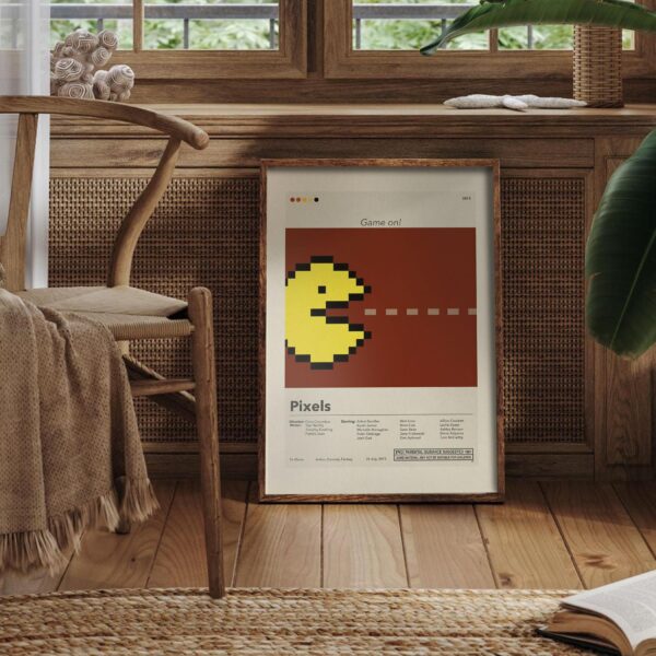 Mid-century modern Pixels movie poster with retro style design