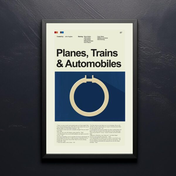 Mid-century modern graphic design poster of Planes, Trains and Automobiles movie