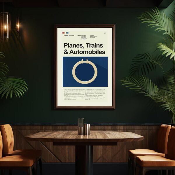 Mid-century modern graphic design poster of Planes, Trains and Automobiles movie