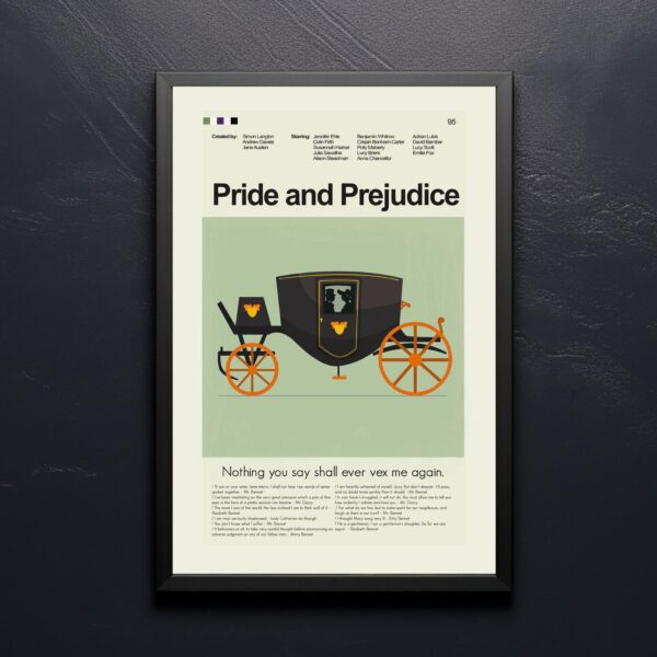 Mid-century modern Pride and Prejudice movie poster with 20th century art style