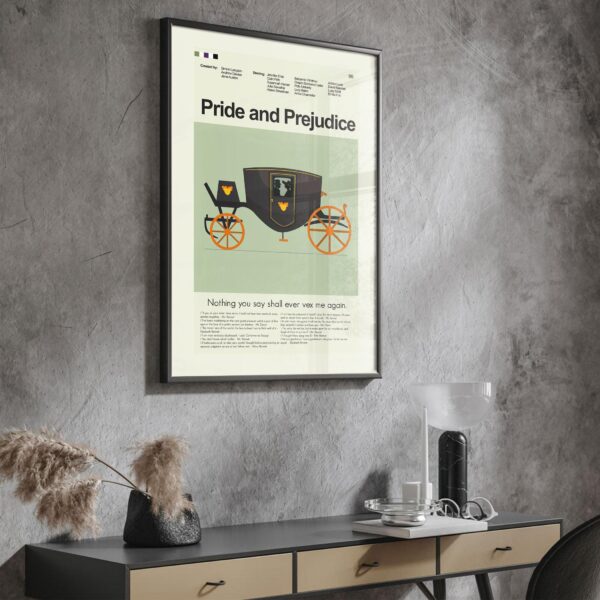 Mid-century modern Pride and Prejudice movie poster with 20th century art style