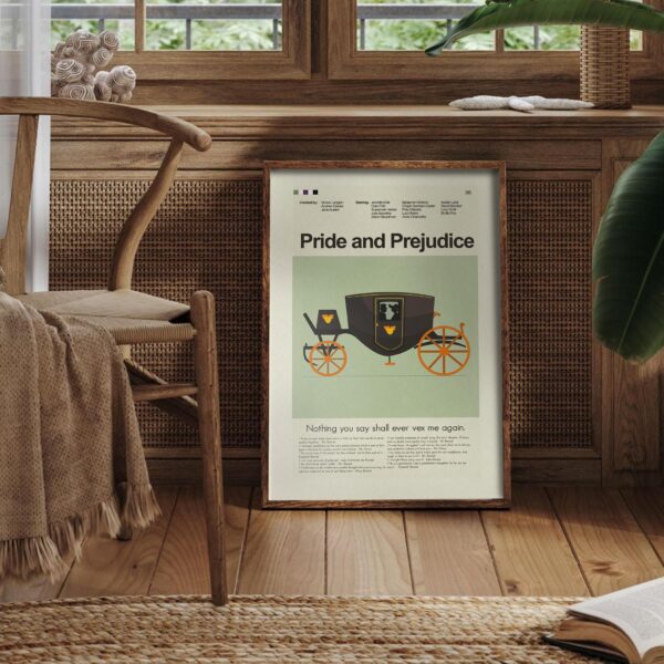 Mid-century modern Pride and Prejudice movie poster with 20th century art style