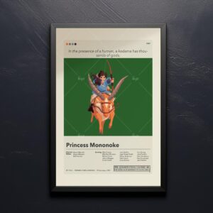 Mid-century modern style Princess Mononoke movie poster with retro house design