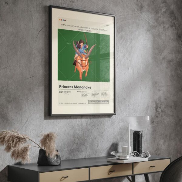Mid-century modern style Princess Mononoke movie poster with retro house design