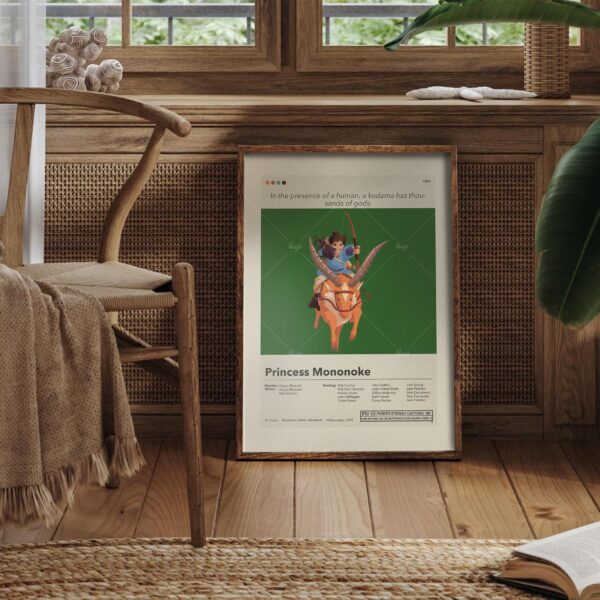 Mid-century modern style Princess Mononoke movie poster with retro house design