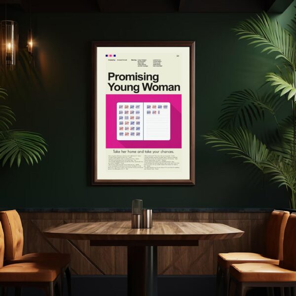 Promising Young Woman movie poster, limited 20th century mid-century modern style