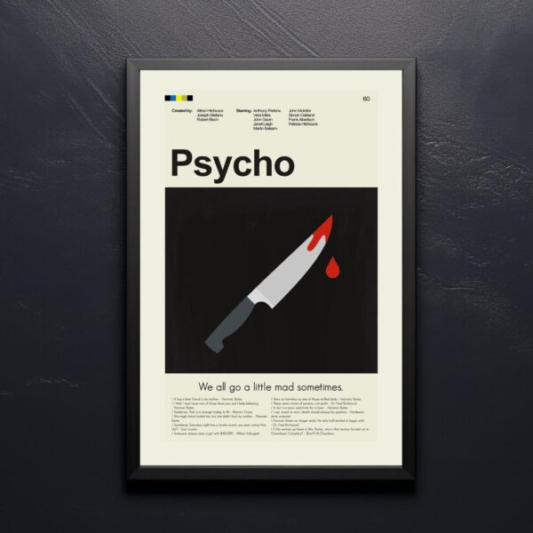 Large mid-century modern Psycho movie poster with vintage design