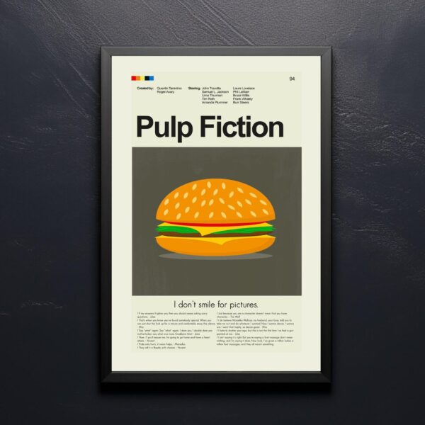 Pulp Fiction mid-century modern style movie poster with vintage furniture