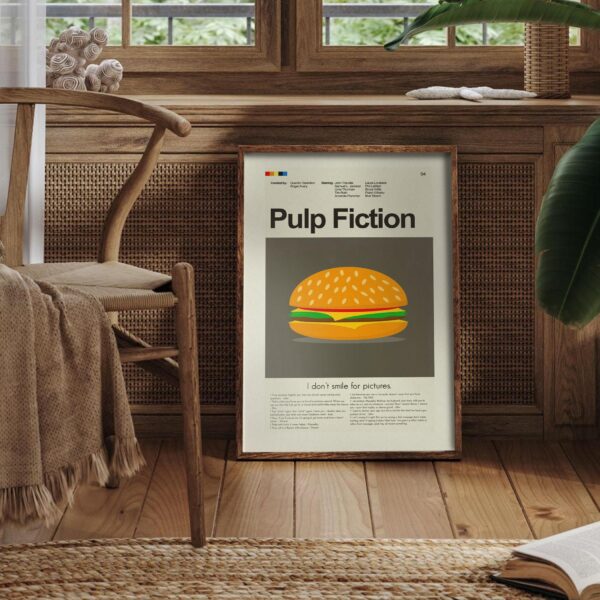 Pulp Fiction mid-century modern style movie poster with vintage furniture