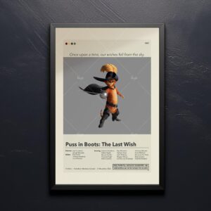 Mid-century modern style movie poster of Puss in Boots: The Last Wish