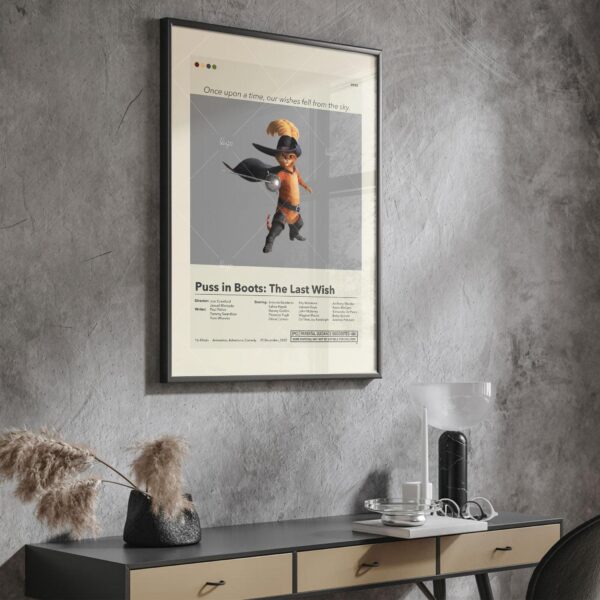 Mid-century modern style movie poster of Puss in Boots: The Last Wish