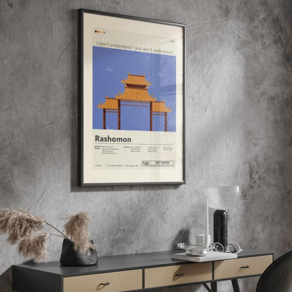 Mid-century modern Rashomon movie poster with vintage graphic design