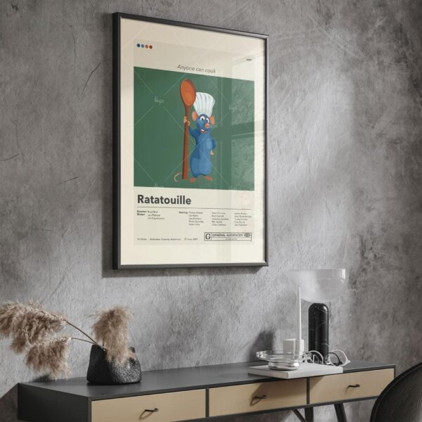 Mid-century modern style Ratatouille movie poster with retro design elements