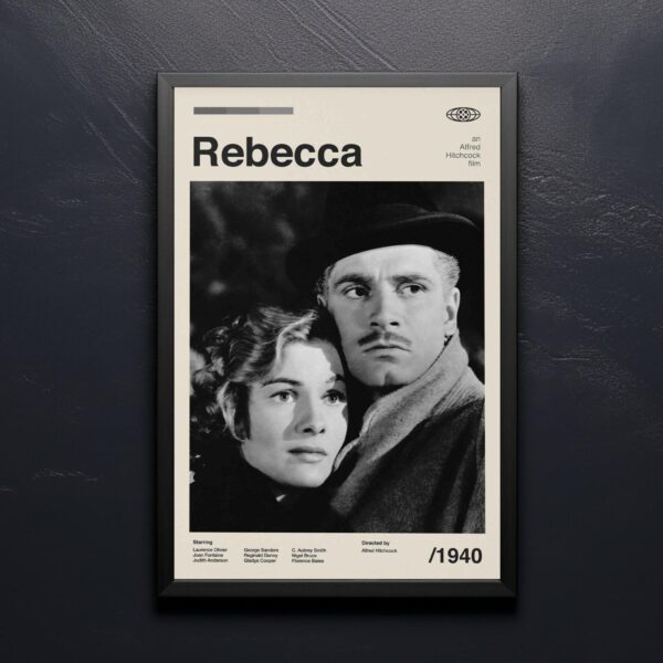 Rebecca movie poster in mid-century modern style with minimalist design