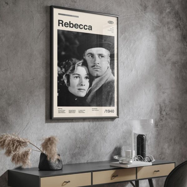 Rebecca movie poster in mid-century modern style with minimalist design