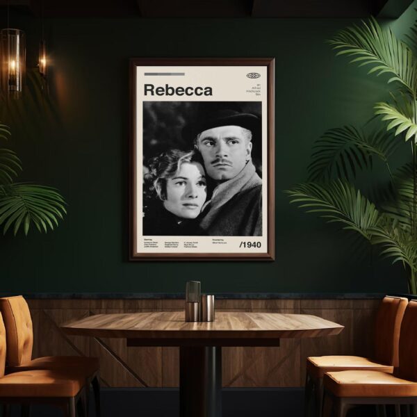 Rebecca movie poster in mid-century modern style with minimalist design