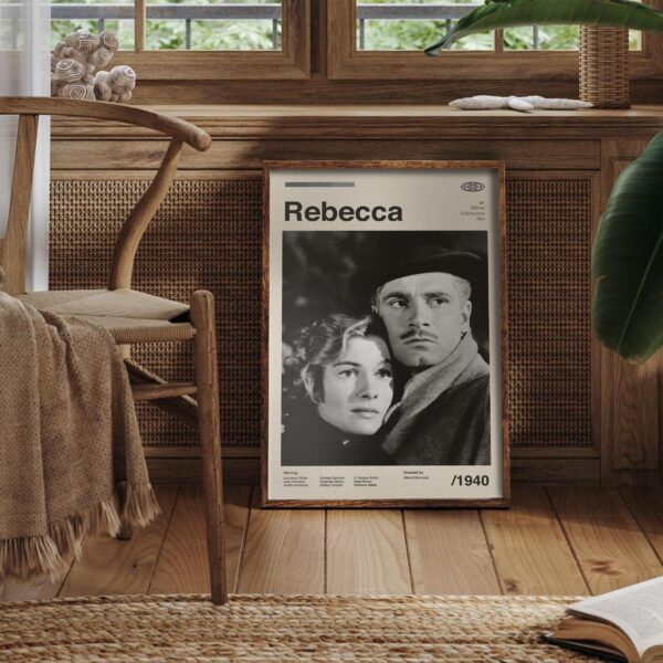 Rebecca movie poster in mid-century modern style with minimalist design