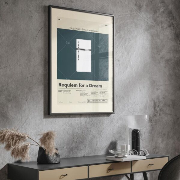 Mid-century modern poster of Requiem for a Dream with vintage furniture design