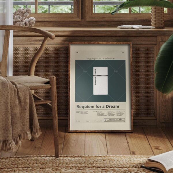 Mid-century modern poster of Requiem for a Dream with vintage furniture design