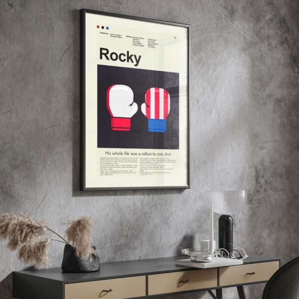 Mid-century modern Rocky movie poster design with bold vintage graphics
