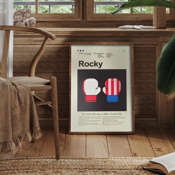 Mid-century modern Rocky movie poster design with bold vintage graphics
