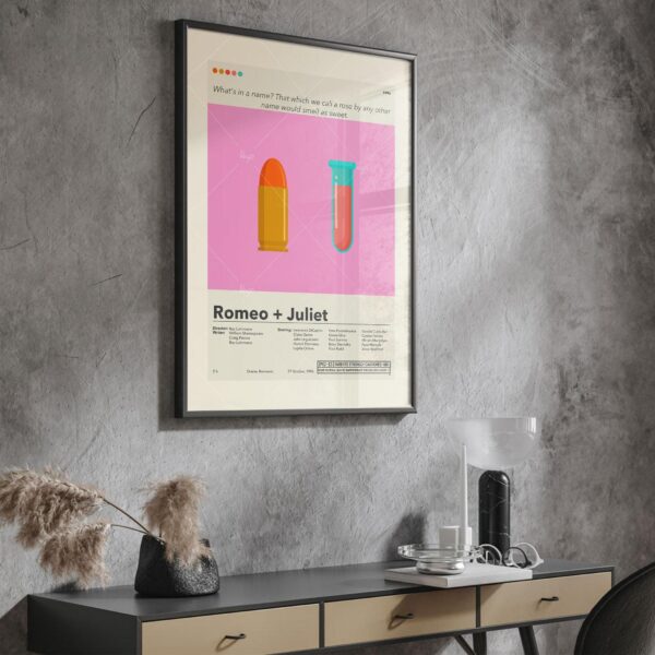 Mid-century modern Romeo + Juliet movie poster design with vintage style