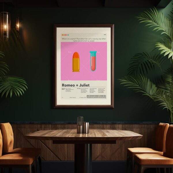 Mid-century modern Romeo + Juliet movie poster design with vintage style