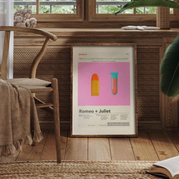 Mid-century modern Romeo + Juliet movie poster design with vintage style