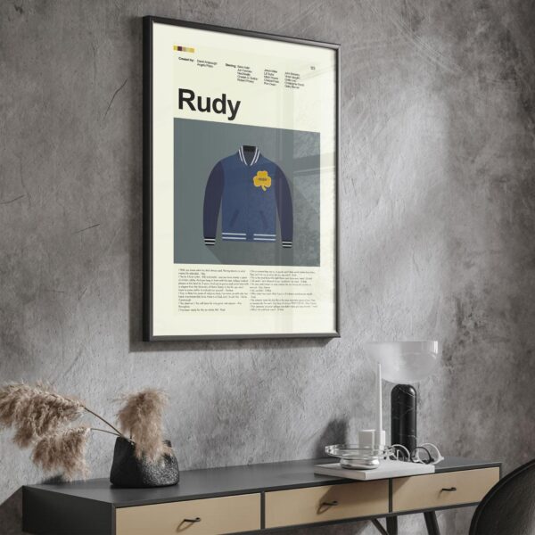 Mid-century modern Rudy movie poster with 20th century design elements