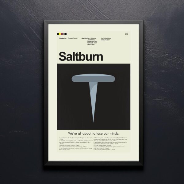 Mid-century modern Saltburn movie poster with retro design elements