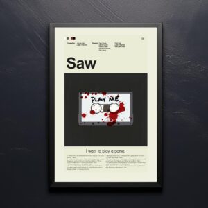 Mid-century modern style Saw movie poster featuring iconic house illustration